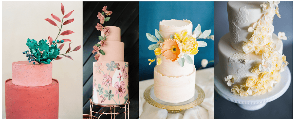 A whimsical five-tier wedding cake with a brown tree bark base, a green leafy tier featuring a golden keyhole, a white tier with a forest scene behind black gates, and a pink top tier personalized with names and adorned with red, white, and peach roses.