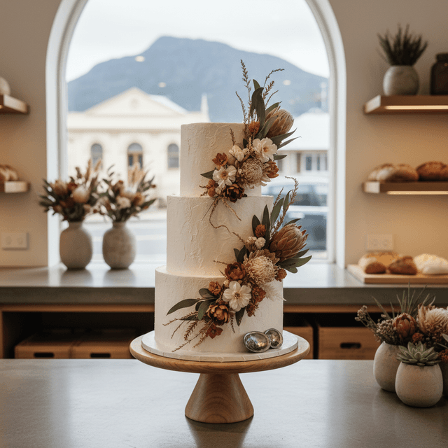 AI-generated wedding cake display image